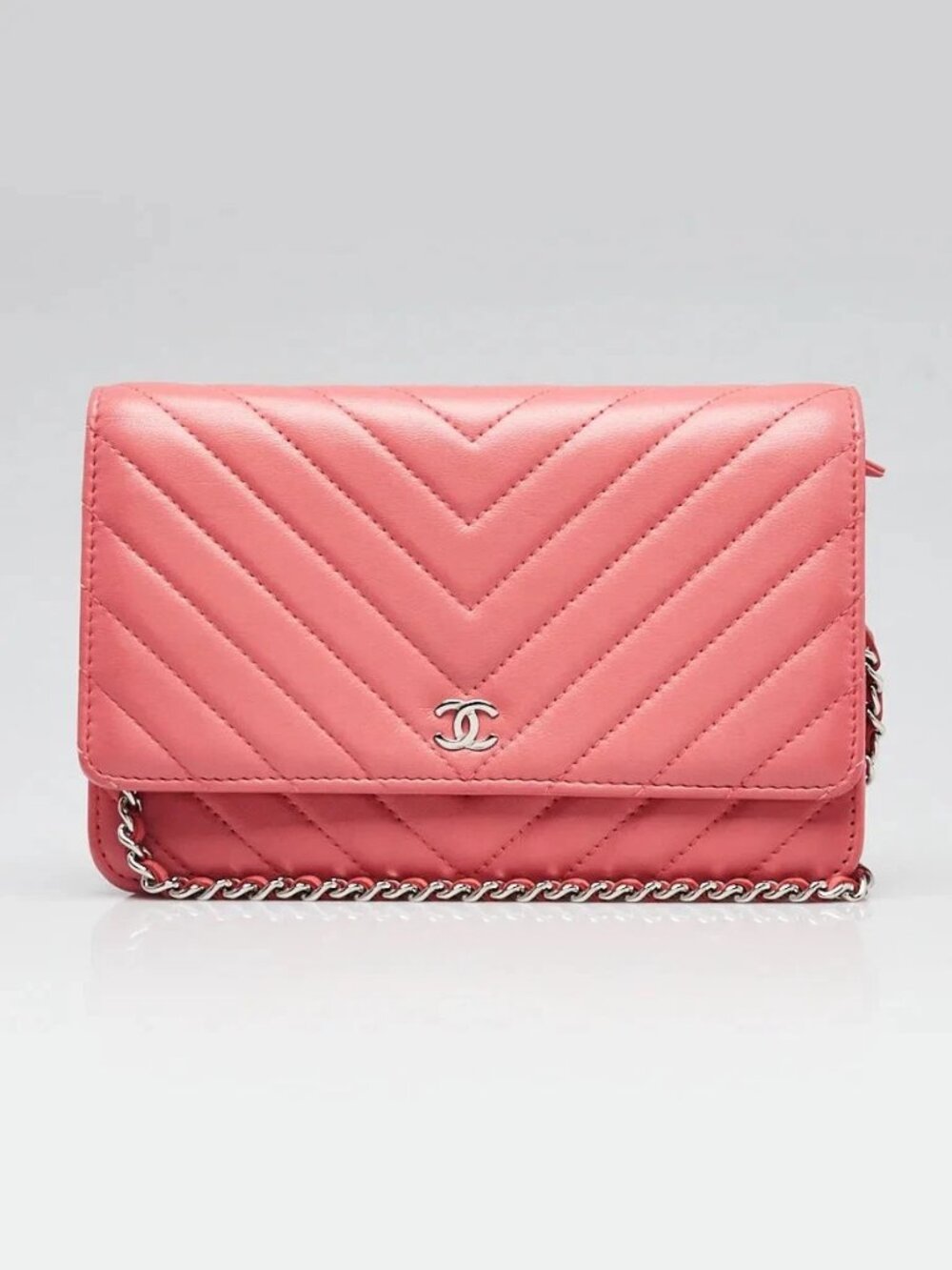Chanel Pink Chevron Quilted Lambskin Leather CC WOC Clutch Bag